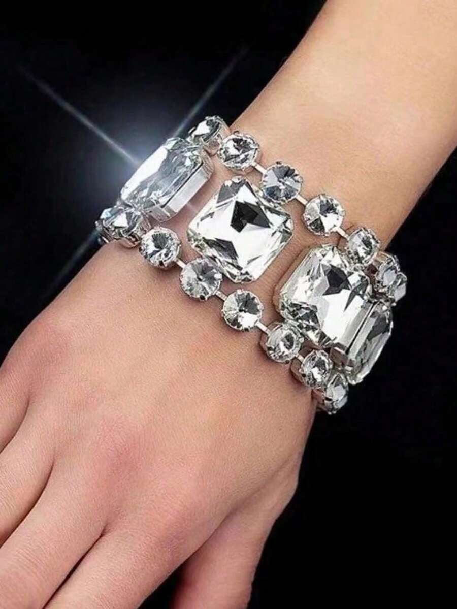 1pc Fashionable Minimalist Women's Rhinestone Bling Bracelet, Bridal Wedding Crystal Jewelry Hand Accessory - Silver - View 1