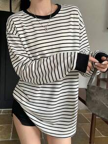 2026 女士休闲度假黑白条纹长袖T恤，宽松圆领舒适上衣，春秋季 - 2A23黑白條 - 查看 1