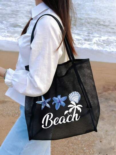 新款夏季沙滩图案超大网眼沙滩手提袋，配有结实耐用的提手 - 耐用、可折叠、纯色沙滩包，适合旅行、度假、露营、游泳池和户外活动 - 空间大、轻便、无扣设计，适合存放衣物、毛巾、玩具、贝壳和沙滩用品 - 多功能收纳方案，适合成人、女性、男性、青少年 - 是沙滩、家庭旅行、运动等的理想之选。