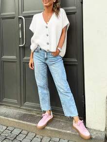 Áo vest dệt kim cổ chữ V trơn, cài nút bất đối xứng, dáng rộng, thanh lịch, thích hợp mặc hàng ngày bốn mùa, áo thời trang nữ, trang phục đi nghỉ mát, trang phục mùa hè cho nữ, màu trắng. - trắng - Xem 5