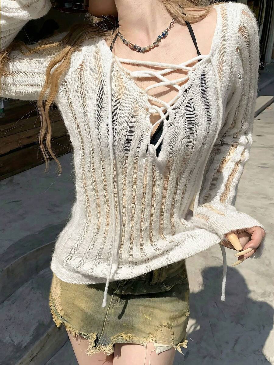 新款性感镂空系带针织毛衣，独特长袖套头衫，春夏款 - 乳白色 - 查看 1