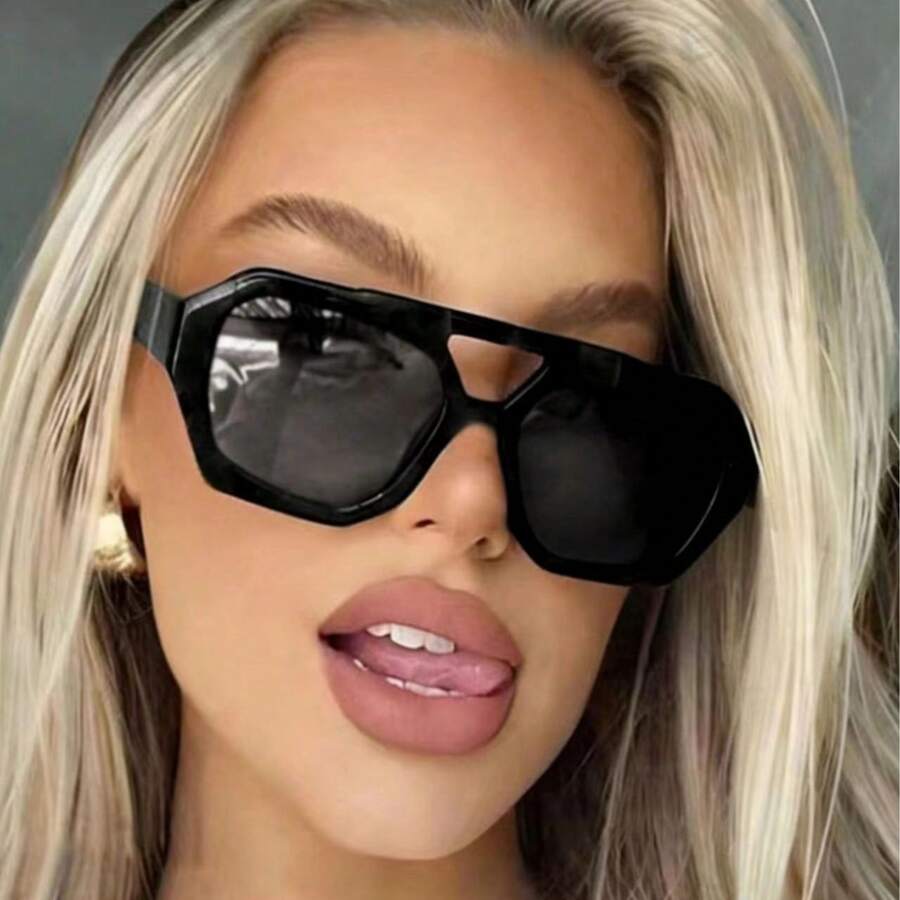 1 Pair Women's Black Double-Bridge Geometric Polygon Plastic Glasses, European And American Thick Frame Luxury Retro Personalized Casual Fashion Glasses Suitable For Daily, Vacation, Travel Outfits - Elegant Series - Grey - View 1