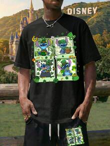 Men's White/Black Pullover Short-Sleeved T-Shirt And Drawstring Shorts Two-Piece Set, Featuring Disney's "Happy St. Patrick's Day" Lettering And Lilo & Stitch Graphic Prints. A Breathable And Comfortable Summer Casual Set, Making It The Perfect Gift For Men. - 黑色+黑色 - 查看 1