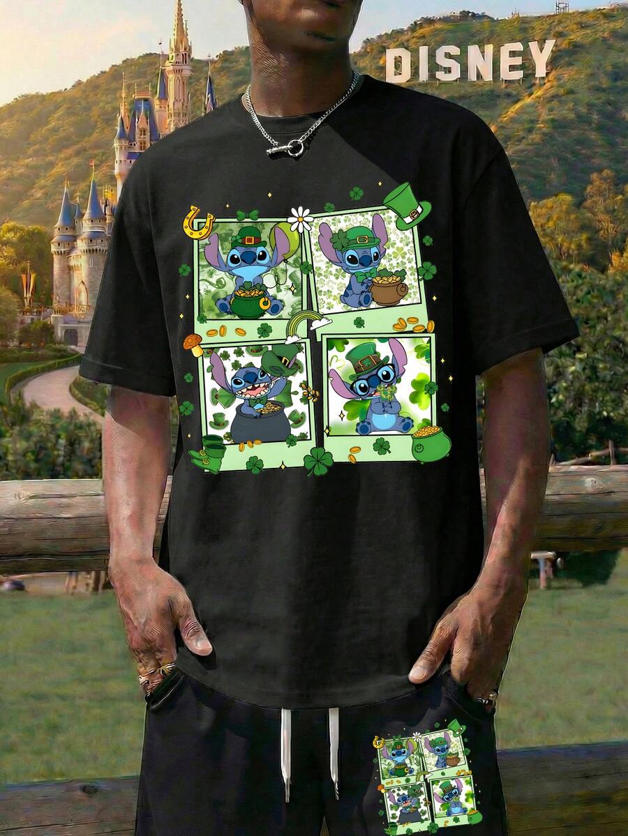 Men's White/Black Pullover Short-Sleeved T-Shirt And Drawstring Shorts Two-Piece Set, Featuring Disney's "Happy St. Patrick's Day" Lettering And Lilo & Stitch Graphic Prints. A Breathable And Comfortable Summer Casual Set, Making It The Perfect Gift For Men. - 黑色+黑色 - 查看 1
