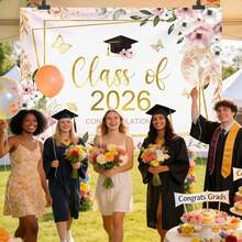 1pc Class Of 2026 Congratulations Banner Backdrop Floral Congrats Grad Photography Background Pastel Butterfly Graduation Party Decor Gold Confetti Prom 2026 Party Banner Photo Booth Props - Kiểu 1 - Xem 4