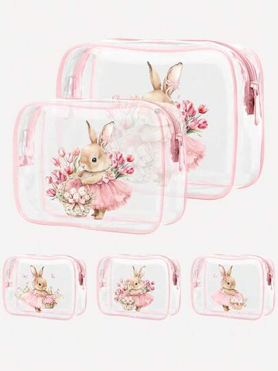 Pink Easter Gift Rabbit Pattern Transparent Toiletry Bag, Travel Essential, Zipper Closure Portable Transparent PVC Toiletry Bag, Beach Transparent PVC Toiletry Bag, Waterproof Storage Pouch, Transparent Storage Bag, Cable And USB Port Storage Bag, PVC Cosmetic Bag Compliant With Aviation Standards, Can Store Medicines, Medical Supplies, Etc.