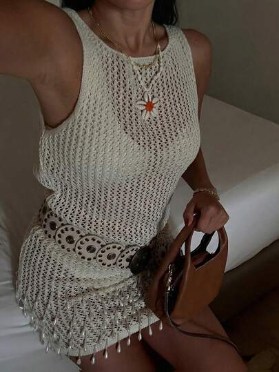 2026新款修身3D网纱镂空图案+水滴下摆装饰+圆领无袖罩衫