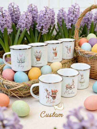Personalized Enamel Mug, Easter Bunny, Enamel Mug, Vintage Easter Bunny Letter, Durable Metal Mug, Children's Mug In Multiple Designs, Easter, Baptism, Communion, Creative Gift, Easter Gift
