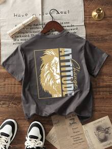 Boys "Attitude Changer" Lion Graphic Loose T-Shirt, Children Cool Street Style Summer Top - Dark Grey - View 3