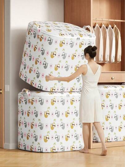 1 pieza Bolsa de almacenamiento plegable de gran capacidad con lindo diseño de dibujos animados, cremallera y asa reforzada, organizador versátil para ropa, suéteres, juguetes, ropa de cama, edredones y toallas, diseño ahorra espacio ideal para uso en el hogar, dormitorio, armario, dormitorio y habitación de niños, organizador de almacenamiento, esencial de viaje