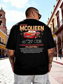 Disney Lightning McQueen Graphic T-Shirt From Cars, Casual Men's Sportswear, Pure Cotton Crew Neck Short-Sleeved Top, Comfortable, Soft And Versatile, Suitable For Men's Racing-Themed Street T-Shirt. - Black - View 3