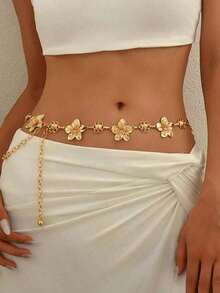 1pc Vintage Fashionable Personalized Metal Flower Waist Chain, Bohemian High-End Versatile Dress Chain Waist Belt, Suitable Women In Any Occasion - 黃金2 - 查看 5