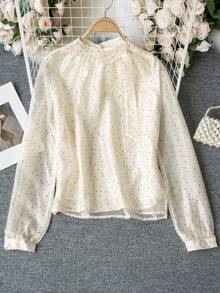 女士甜美法式波点雪纺衬衫，带蝴蝶结侧肩带，通勤休闲装，夏季 - 杏色 - 查看 6