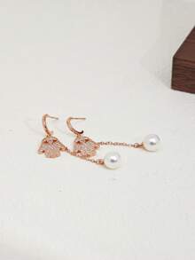 1 Pair Zirconia Palm Shaped Pearl Long Tassel Earrings, Suitable For Women - Rose Gold - View 3