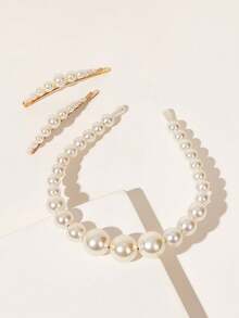 3pcs Women Pearl Hair Hoop & Clip Set, Versatile & Suitable For Party And Daily Use - Beige - View 1