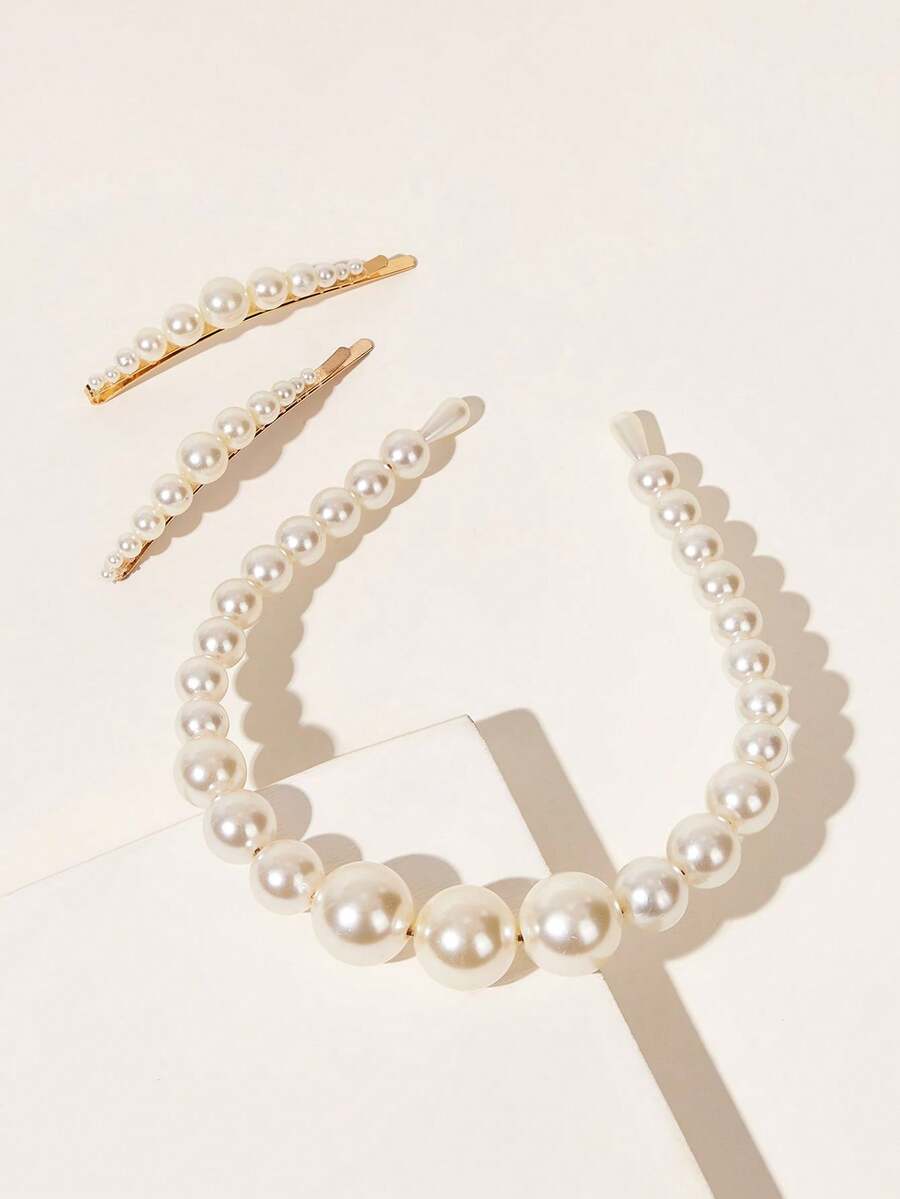 3pcs Women Pearl Hair Hoop & Clip Set, Versatile & Suitable For Party And Daily Use - Beige - View 1