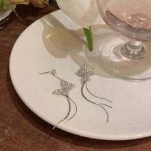 1 Pair Elegant Copper Alloy Tassel Earrings, Fashion High-Grade Luxury Flashy Drop Earrings Women - Bạc - Xem 2