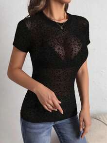Women's Summer Mesh Short Sleeve Top, Round Neck Elegant Sexy Sheer T-Shirt; Leopard Print Sexy Fitted Camisole Top; Women's Black Animal Print Fashionable Sexy Flocked Semi-See-Through Short Sleeve Top, Suitable For Daily Wear, Street, Singles Party, Travel Casual - Black - View 3