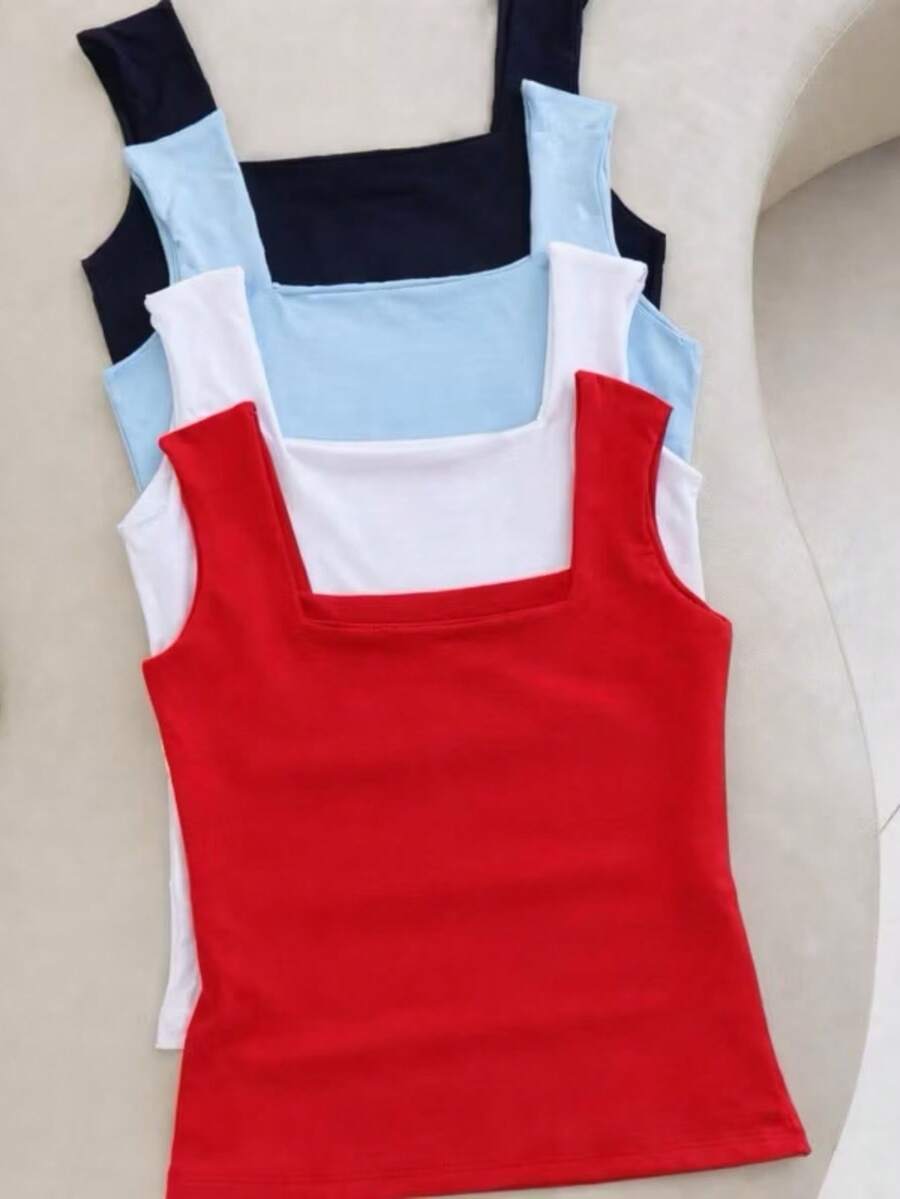 Set Of 4 Women's Tank Tops With Square Neckline, Straight Leg, Suplex Fabric, Summer Basic Plain, Fashionable, Elegant, , Blogger Style - ĐỎ XANH TRẮNG ĐEN - Xem 1