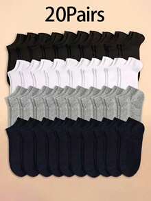 20 Pairs Women Black, White, Gray Ankle Socks, Fashionable Minimalist Short Socks - Black - View 7