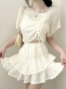 Suéter holgado de punto con mangas de murciélago y cordón ajustable para mujer - Albaricoque - Ver 9