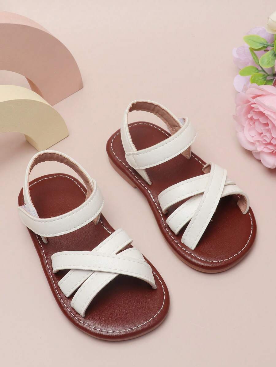1 đôi dép xăng đan đế bằng màu trắng cho bé gái, hở mũi, thoải mái, đa năng, có khóa dán. - trắng - Xem 1