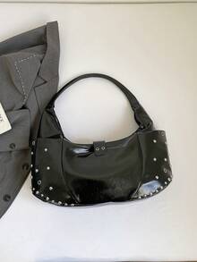 New Y2K Baddie Style Black Patent Leather Rivet Underarm Bag, Retro Motorcycle Inspired Large Capacity Tote Bag, Sweet & Cool Large Capacity Shoulder Bag - Black - View 9