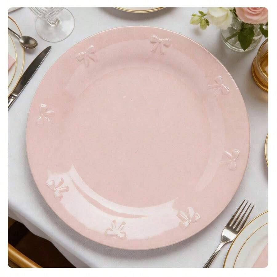 Collection Blush Pink 8.5-Inch Stoneware Salad Plate Elegant Embossed Bow Decor Durable Kitchen Plate For Dining & Holiday Table Setting - Salad Plate - View 1