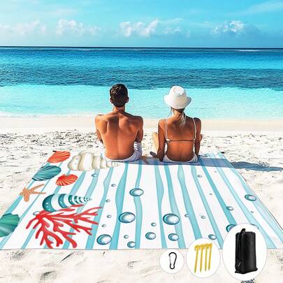 1pc 185*235CM Ocean Life Starfish Coral Shell Printed Waterproof Sand-Proof Extra Large Beach Blanket, Suitable For 2-3 People Beach Vacation, Lightweight Thin Durable Outdoor Camping Picnic Mat