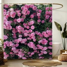 1件花园粉色浴帘，饰有粉色和红色花朵以及绿色叶子，采用涤纶材质，防水，适合家居和浴室装饰，配有12个挂钩。 - A - 查看 2