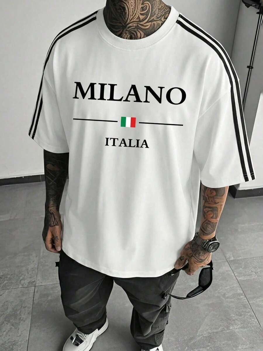 Men's Casual Loose Letter Print Round Neck Short Sleeve T-Shirt - Multicolor - View 1