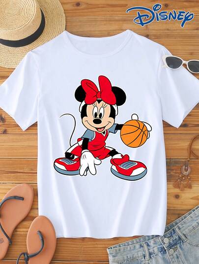Disney 1 pieza Camiseta de mujer de manga corta, estampado gráfico de Mickey Mouse, cuello redondo, elástica, fácil cuidado, adecuada para uso diario, camiseta de mujer de manga corta de moda, ropa casual
