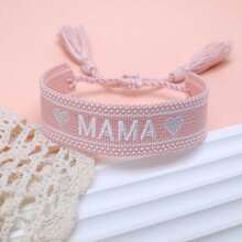 1pc Embroidered "MAMA" Heart Boho Tassel Braided Bracelet - Baby Pink - View 4