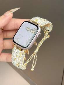 波西米亚纯手工编织表带,兼容苹果手表38mm、40mm、41mm、42mm、44mm、45mm、49mm表盘,女士款,时尚手工表带,兼容苹果手表SE11、10、9、8、7、6、5、4、3、2、1系列,可替换表带。 - 白金編織 - 查看 2