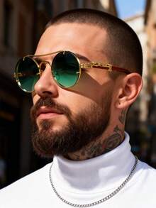 一副男士圆形金属框经典奢华时尚复古眼镜，适合摄影、驾驶、旅行、海滩、日常生活等场合。 - 彩色 - 查看 3