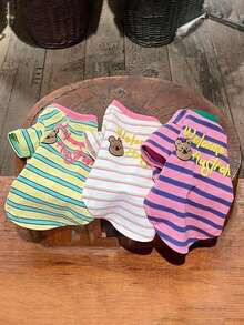 Striped Dog & Cat T-Shirt With Cute Koala Print, Breathable Pet Clothes Suitable For Small & Medium Dogs & Cats, Classic Striped Daily Outfit For Puppies & Kittens - Multicolor - View 3