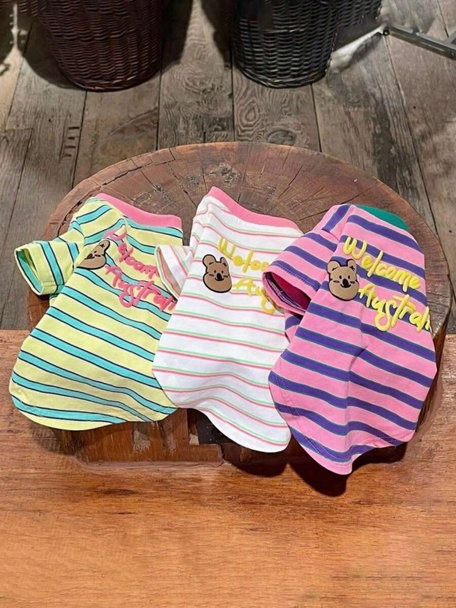 Striped Dog & Cat T-Shirt With Cute Koala Print, Breathable Pet Clothes Suitable For Small & Medium Dogs & Cats, Classic Striped Daily Outfit For Puppies & Kittens