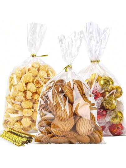 100pcs Clear Glass Paper Gift Bags, OPP Plastic Treat Bags With Twist Ties, Biscuit Bags, Transparent Gift Bags, Glass Paper Snack Bags, For Gift Wrapping, Packaging Candies, Bakery, Wedding Favors For Guests, Graduation Gifts, Birthday, Party Favor