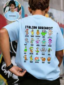 T-Shirt à Imprimé Graphique Humoristique << ITALIAN BRAINROT » Pour Garçon Préadolescent, Idéal Pour Un Look Décontracté, Streetwear, L'école, Les événements, Et Comme Haut à La Mode Pour L' - 酒紅色 - 查看 2