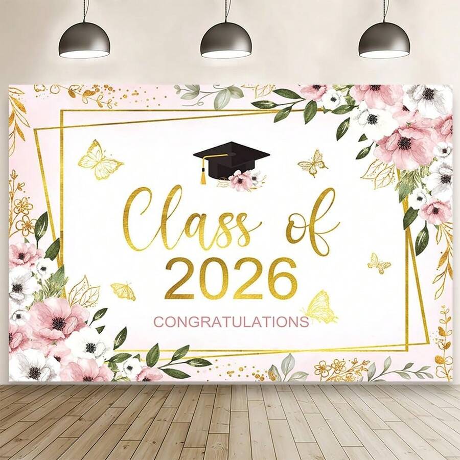1pc Class Of 2026 Congratulations Banner Backdrop Floral Congrats Grad Photography Background Pastel Butterfly Graduation Party Decor Gold Confetti Prom 2026 Party Banner Photo Booth Props - Kiểu 1 - Xem 1