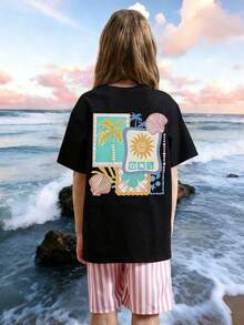 Tween Girls' Tropical Summer Print Short Sleeve T-Shirt, Student Young Casual Wear, Prepared For Girls Going To Play In Summer - Black - View 2