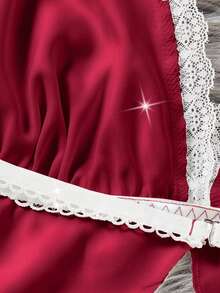 情人节礼物蕾丝缎面性感内衣套装 - 吊带开衩文胸和弹力短裤 - 女士贴身睡衣 - 酒紅色 - 查看 5