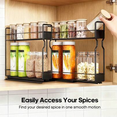 Organizador de especias de 2 niveles para gabinete, deslizadores extraíbles para especias con etiquetas, suave y ahorra espacio, fácil montaje, cada nivel tiene capacidad para 10 frascos de especias, estante de especias de metal para almacenamiento en gabinete de despensa (frascos de especias no incluidos)