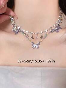 1 chiếc dây chuyền mặt hình bướm ngọt ngào thời trang, dây chuyền nhiều lớp bằng kim loại đính đá, thích hợp cho nữ giới đeo hàng ngày, dự tiệc, ngày lễ, làm quà tặng trang sức. - Nhiều màu - Xem 4