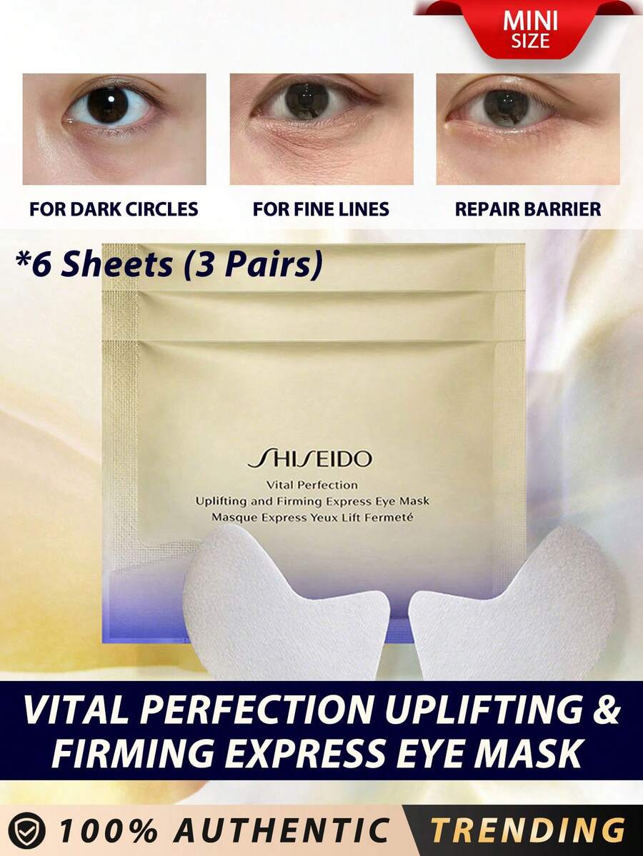 Shiseido [Mini] Vital Perfection Uplifting & Firming Express Eye Mask 6 Sheets (3 Pairs) / A Multi-Benefit Eye Masks That Immediately Brighten And Tighten Your Eye Areas. Spanning The Under Eyes, Outer Corners, Temples And Upper Cheeks. Each Mask Covers A Broad Range Of Concerns From Dark Circles And Eye Bags, To Fine Lines And Wrinkles, And Even Dark Spots And Freckles On Cheekbones. Visibly Reduce Wrinkles, Dark Circles And Undereye Bags - 6 Sheets (3 Pairs) - View 1