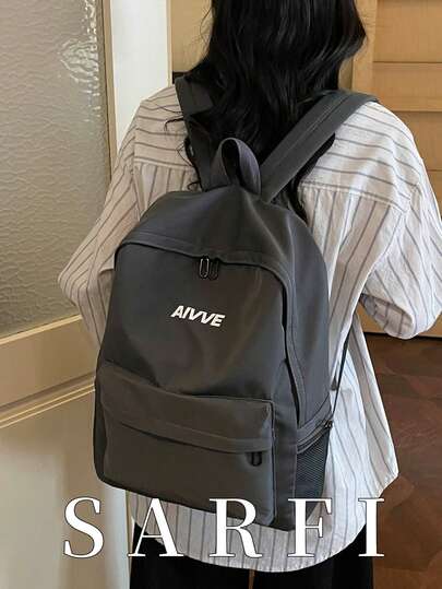 Minimalist New Solid Color Commuter Backpack, Large Capacity College Style Backpack For University Students And Unisex Travel, Fashionable High School Students Large Capacity Travel Backpack, Casual Multi-Function Simple Backpack, Fashionable Shoulder Bag With Unique Metal Accessory Strap Design; Modern Urban Commuter Style, Smooth Nylon Material Commuter Bag Suitable As A Gift For Friends, For Shopping, Dating, Commuting To Work, Photography, Business Travel And Travel.