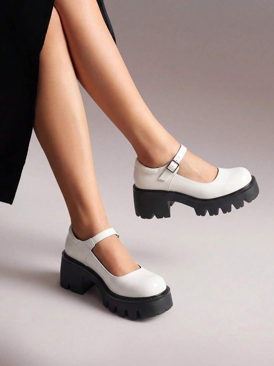 Women's Mary Janes Shoes Platform Chunky Low Heels Comfortable Cute Pumps Round Toe Ankle Strap Woman Shoes - 白色 - 查看 1
