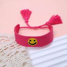 1pc Embroidered Smiling Face Handmade Braided Bohemian Style Adjustable Bracelet, Suitable For Friends, Family, Parties, Vacations, Concerts - Hot Pink - View 3