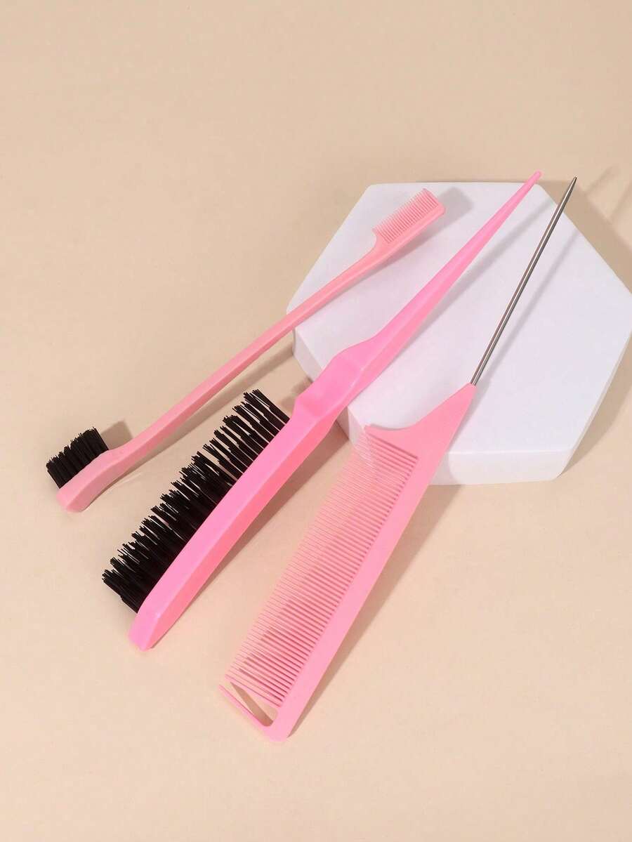 3pcs Hair Styling Brush Set, Teasing Brush, Rat Tail Comb, Edge Brush For Edging And Smoothing Hair - Pink - View 1