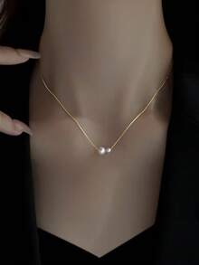 1pc Elegant Dual Pearl Gold Necklace, Suitable For Women's Daily And Formal Wear - Yellow Gold - View 3